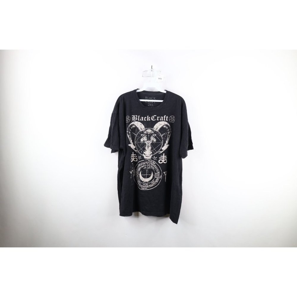 Black Craft Mens 2XL XXL Distressed Spell Out Demon Horned Ram Satan T-Shirt